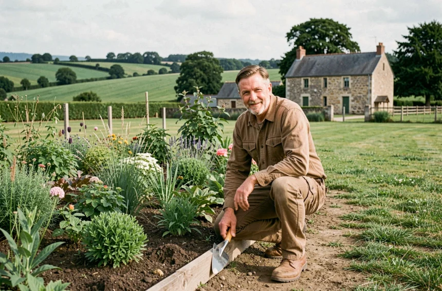 Paysagiste professionnel travaillant dans un jardin aménagé en Loire-Atlantique avec la campagne bocagère en arrière-plan
