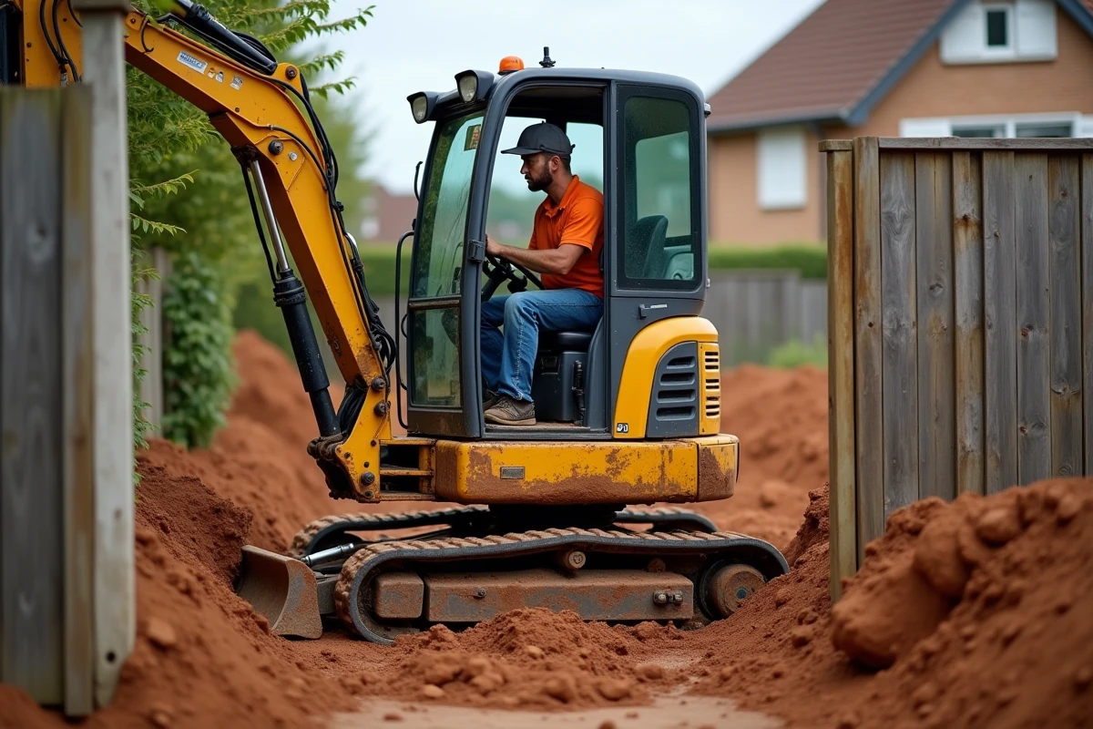 Pelleteuse compacte franchissant un portail étroit pour creuser l'excavation d'une piscine coque en jardin résidentiel