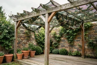 Pergola en bois protégée par un filet camouflage ombrage vert et marron dans un jardin résidentiel