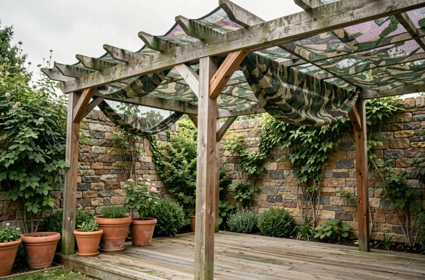 Pergola en bois protégée par un filet camouflage ombrage vert et marron dans un jardin résidentiel