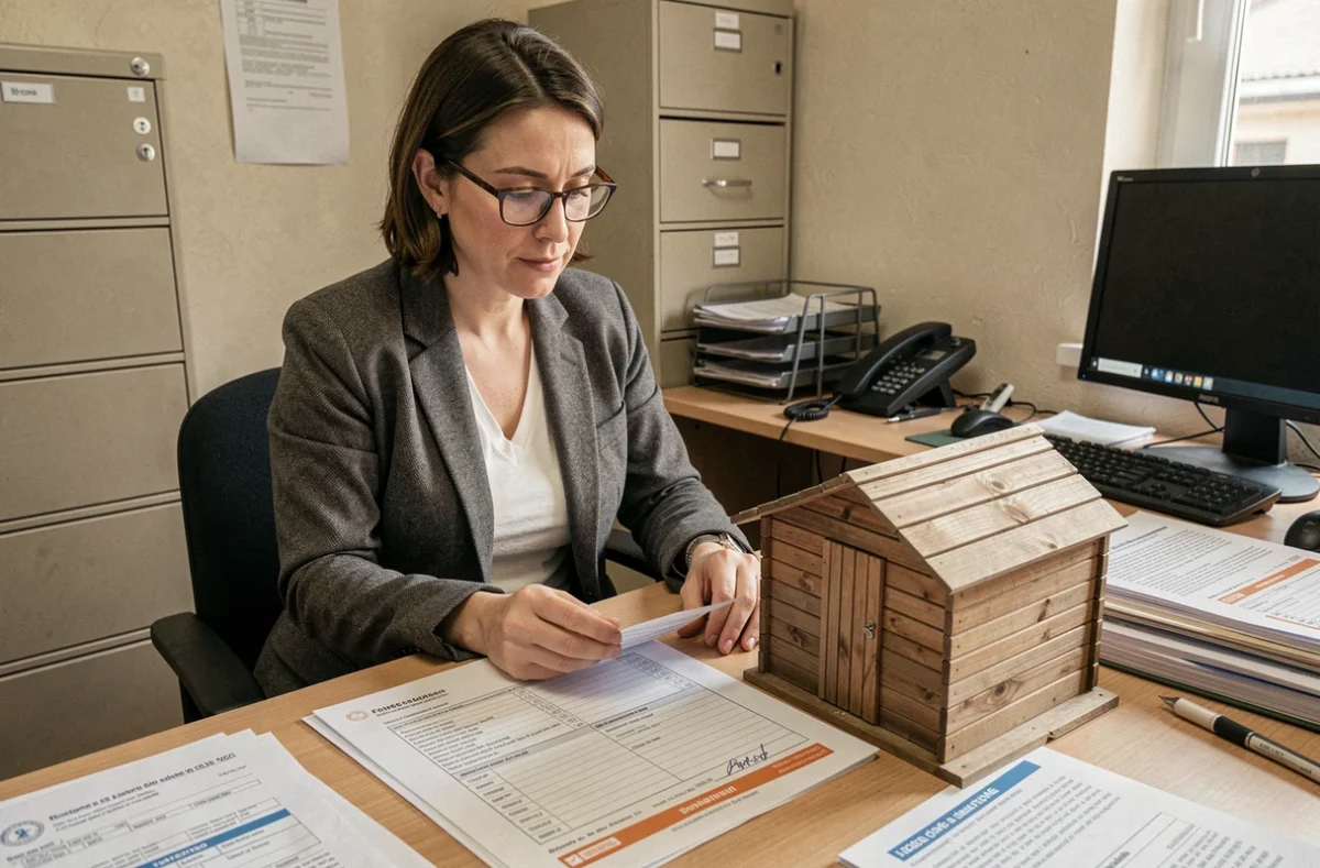 Fonctionnaire municipale étudiant un permis de construire pour un cabanon de jardin dans une mairie française