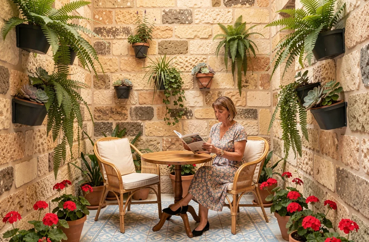 Petite cour intérieure méditerranéenne aménagée avec jardinières murales, sol en mosaïque et mobilier en rotin pour exploiter un espace extérieur réduit