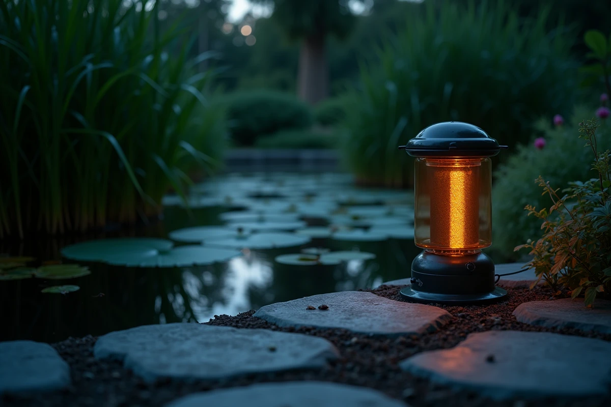 Piège à moustiques Alexandre Réant installé près d'un bassin de jardin au crépuscule, entouré de végétation aquatique dense