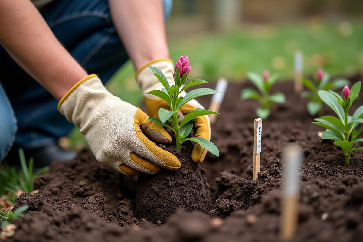 Plantation d'un jeune arbuste fleuri rose dans un massif de jardin au printemps avec outils de jardinage