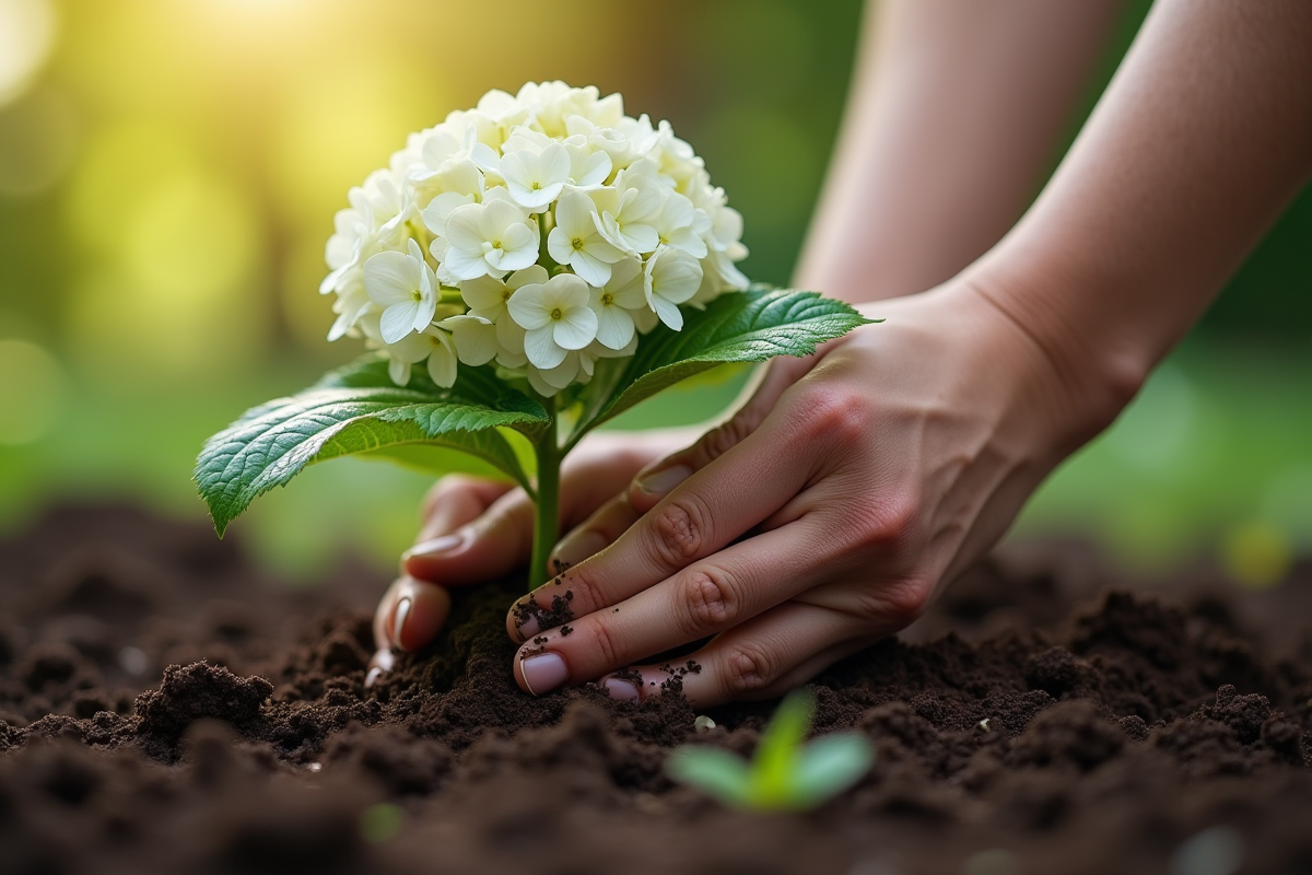 Mains plantant une hortensia dans la terre du jardin