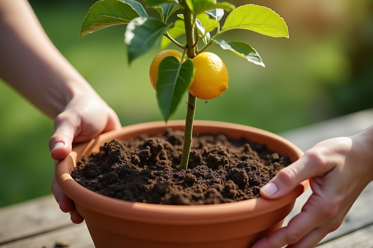 Main plantant un jeune citronnier dans un pot en terre cuite