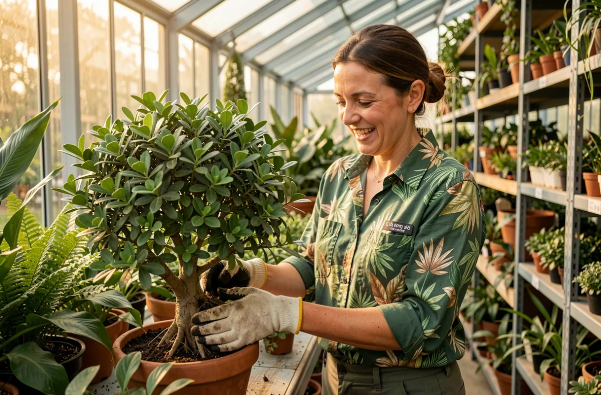 Spécialiste végétale de Plantes & Co rempotant un arbuste ornemental dans une serre remplie de plantes exotiques et méditerranéennes