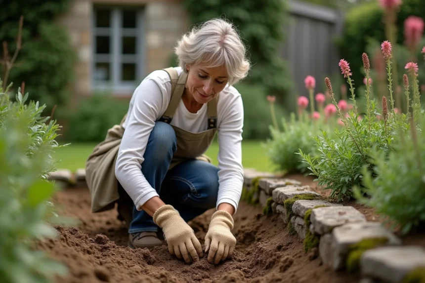 Femme qui plante des euphorbes dans un parterre de jardin pour repousser les taupes naturellement