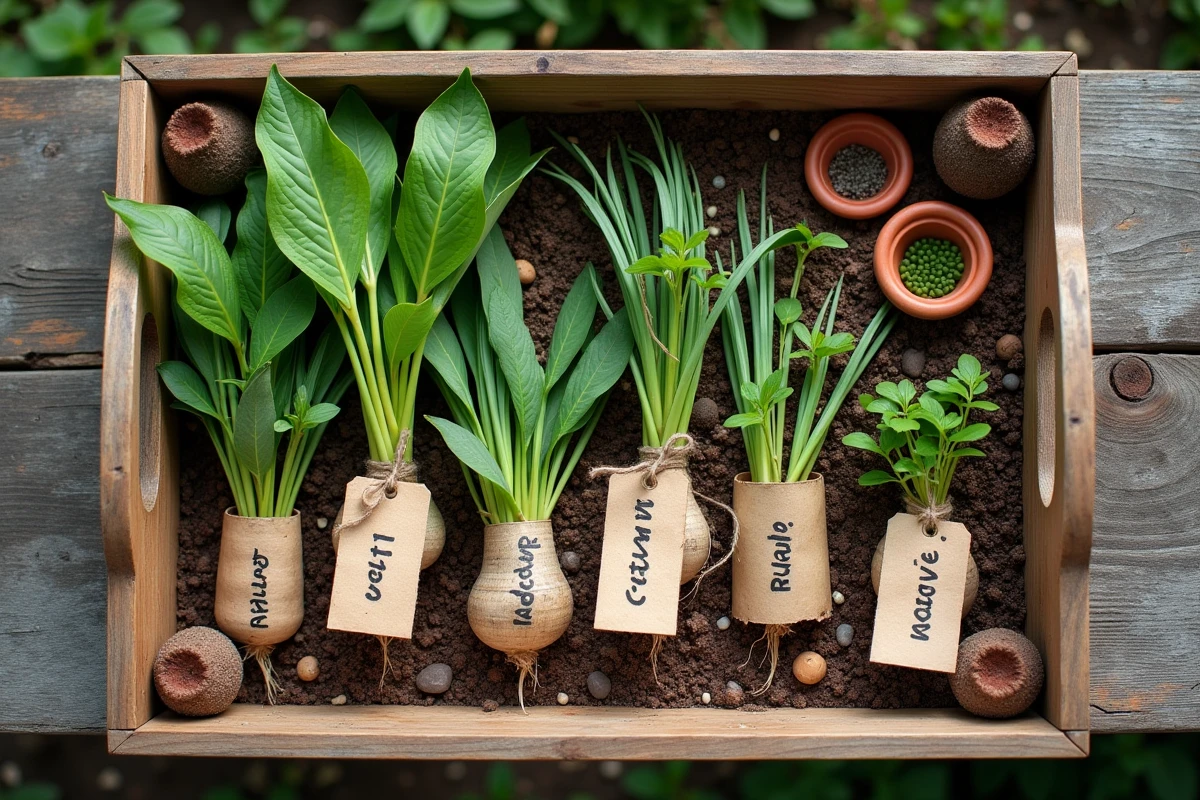 Plateau de plantes répulsives pour taupes avec étiquettes botaniques en jardin naturel