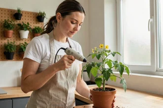 Femme pollinisant des tomates en intérieur avec un outil électrique dans un appartement moderne équipé d'un potager connecté