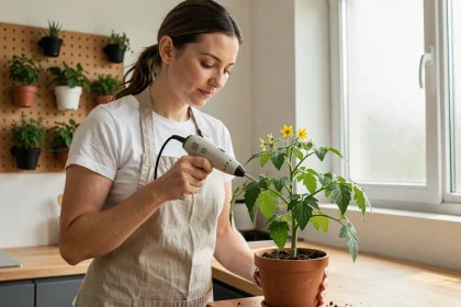 Femme pollinisant des tomates en intérieur avec un outil électrique dans un appartement moderne équipé d'un potager connecté