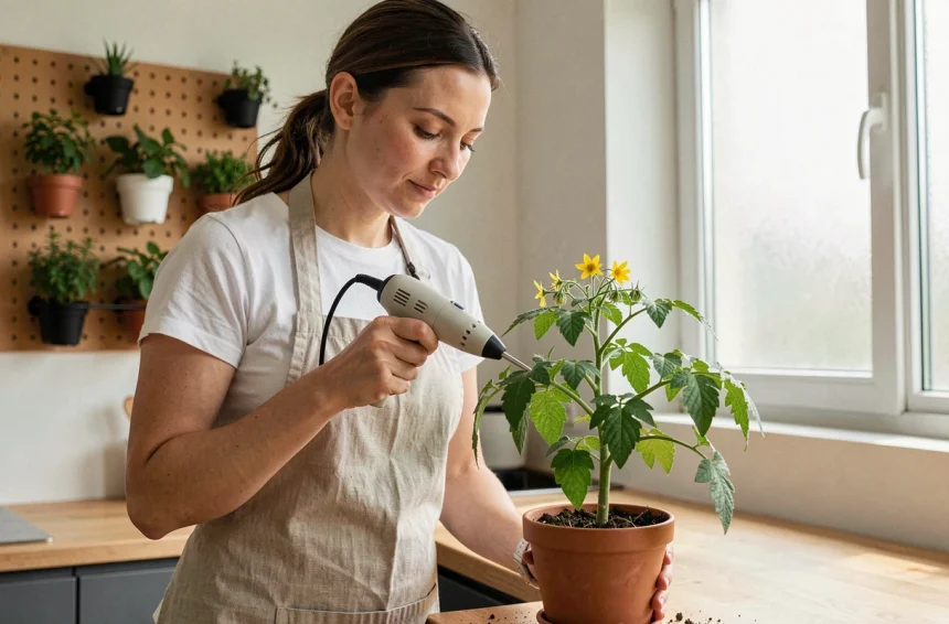 Femme pollinisant des tomates en intérieur avec un outil électrique dans un appartement moderne équipé d'un potager connecté
