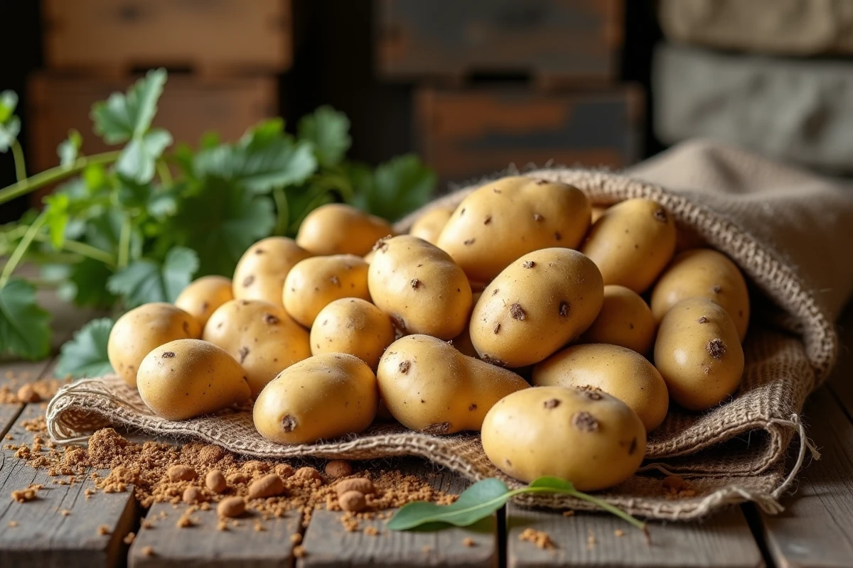 Pommes de terre fraîchement récoltées de différentes tailles posées sur un sac en toile de jute avec de la terre séchée, illustrant la variation entre récolte précoce et tardive