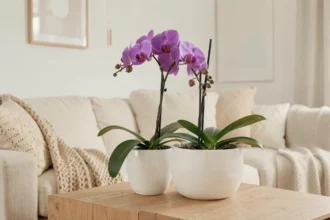 Orchidée Phalaenopsis violette dans un pot en céramique blanche posée sur un buffet en chêne dans un salon scandinave