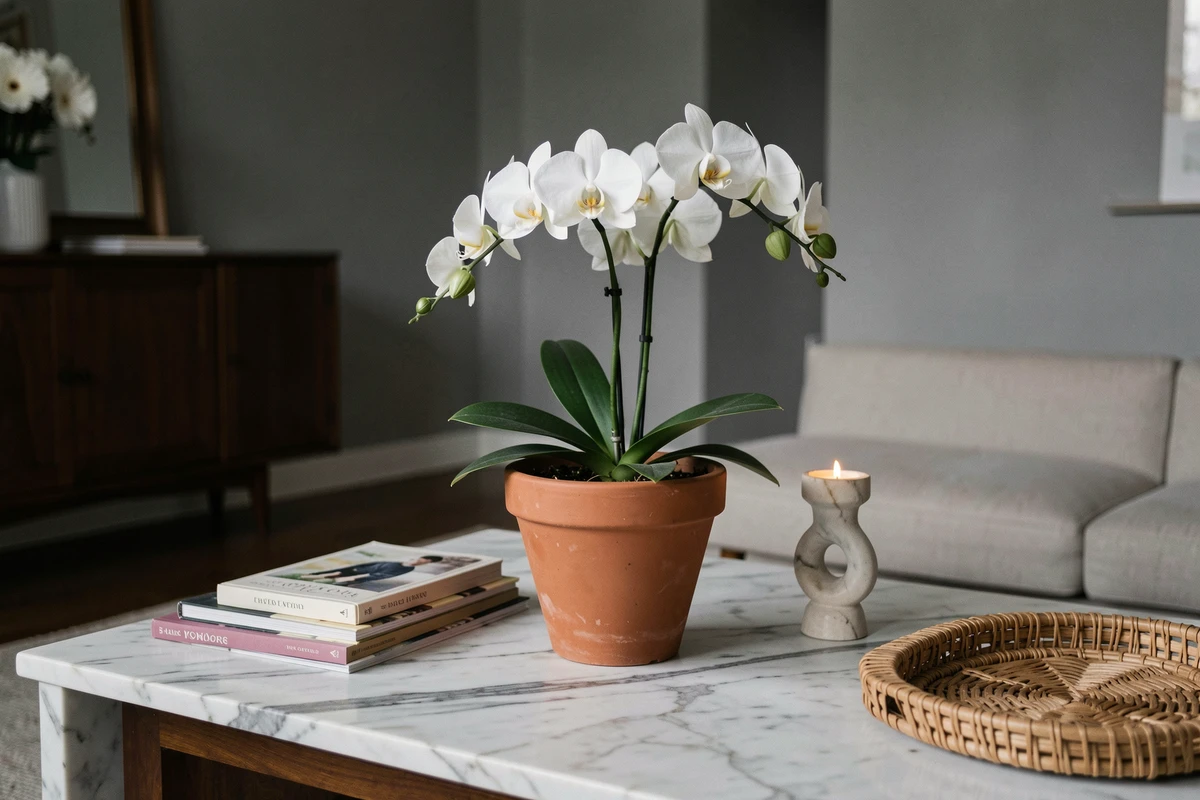 Orchidée blanche dans un pot en terre cuite sur une table basse en marbre dans un salon contemporain élégant