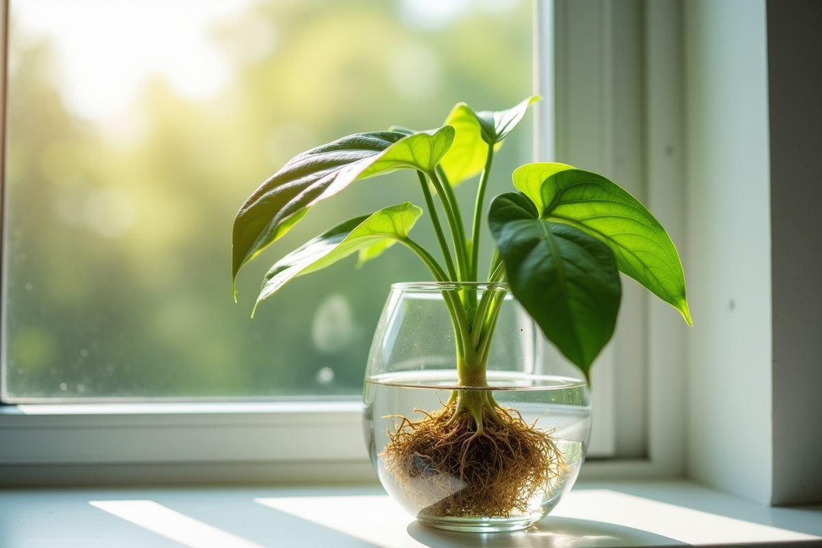 Gros plan d'un pothos sain avec racines visibles dans l'eau sur une fenêtre lumineuse