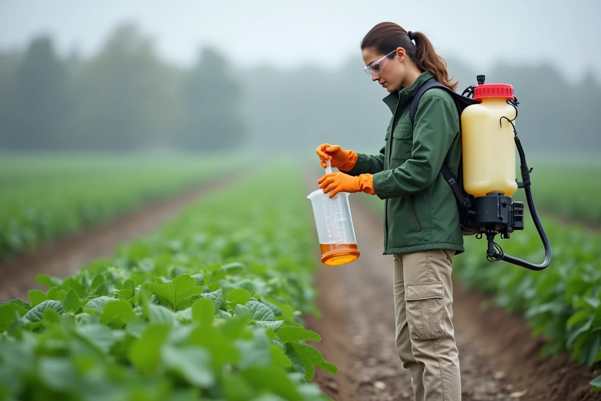 Agronome préparant le dosage de glyphosate liquide pour un pulvérisateur à dos dans un champ agricole