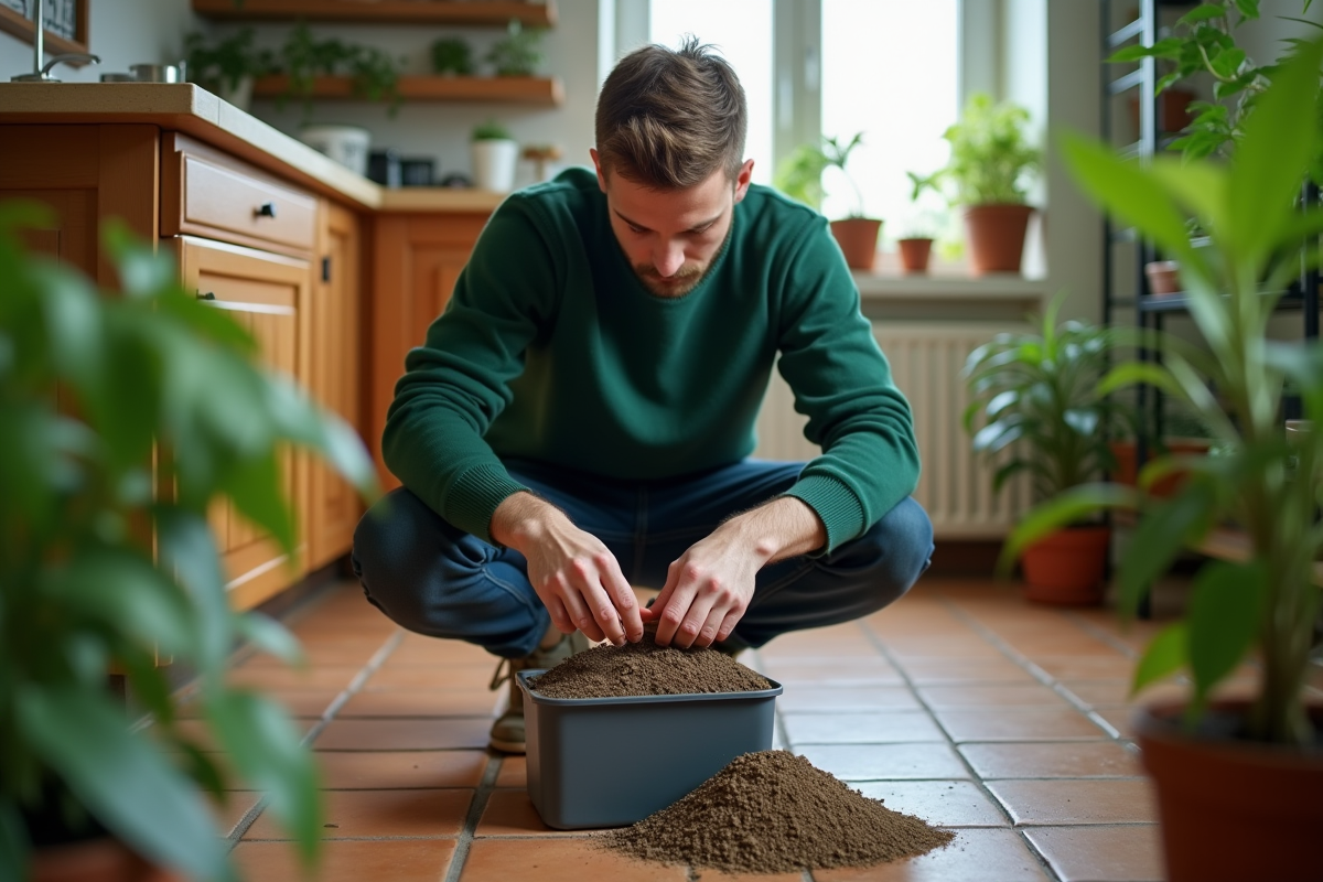 Jeune homme préparant du compost dans la cuisine