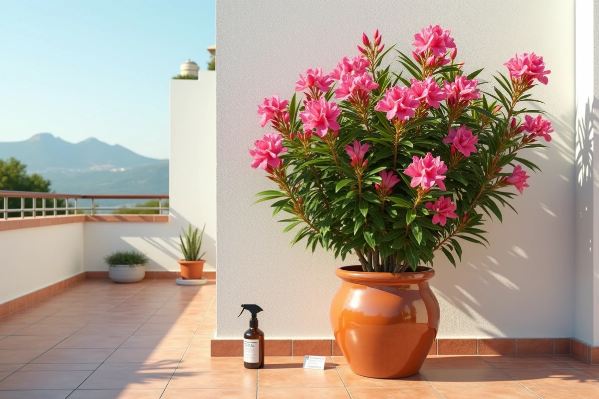 Laurier rose en bonne santé en fleur sur une terrasse méditerranéenne avec produit préventif anti-pucerons visible au premier plan