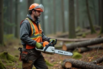 Professionnel forestier tenant une tronçonneuse thermique STIHL MS 211 en forêt, équipé d'un équipement de protection individuelle complet