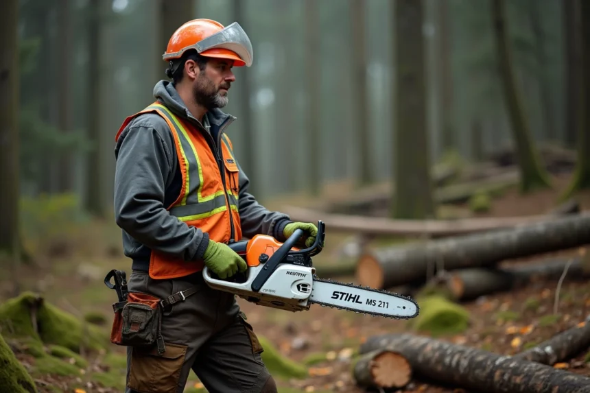 Professionnel forestier tenant une tronçonneuse thermique STIHL MS 211 en forêt, équipé d'un équipement de protection individuelle complet