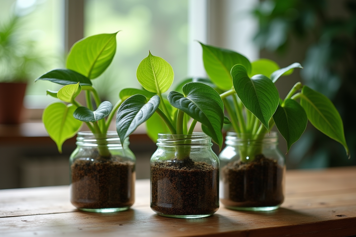 Plusieurs pothos en propagation dans des bocaux sur une table en bois rustique