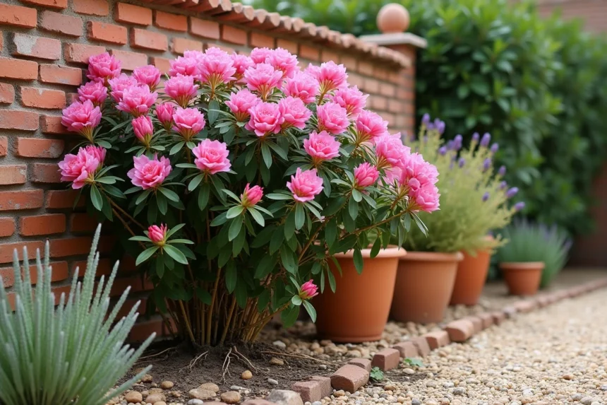 Laurier rose aux racines envahissantes provoquant le dépérissement d'une lavande voisine dans un jardin méditerranéen