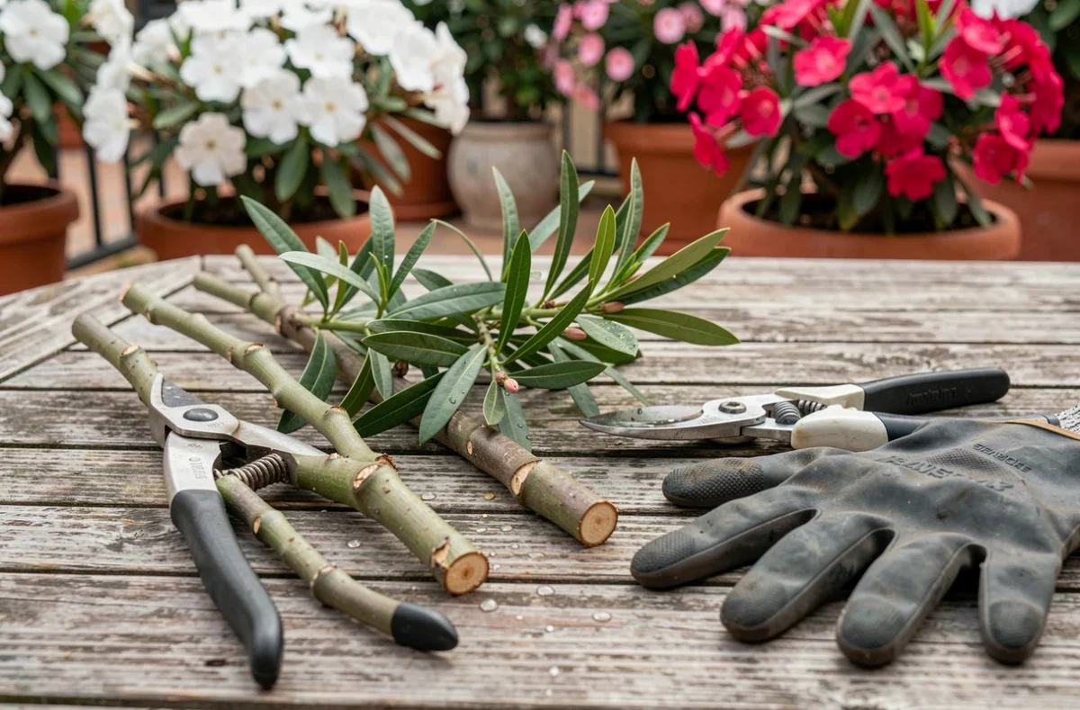 Rameaux de laurier rose coupés et sécateur posés sur une table en bois après une séance de taille au jardin