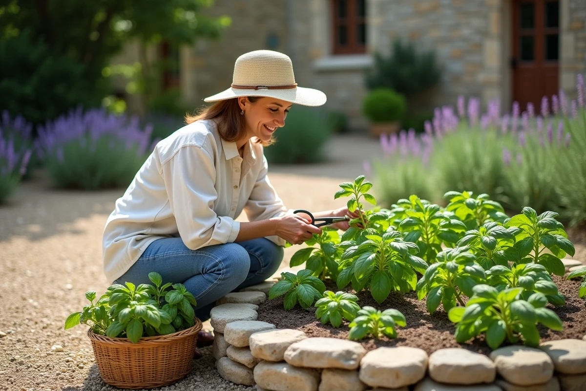 Femme récoltant du basilic dans une spirale aromatique en pierre dans un jardin de campagne français