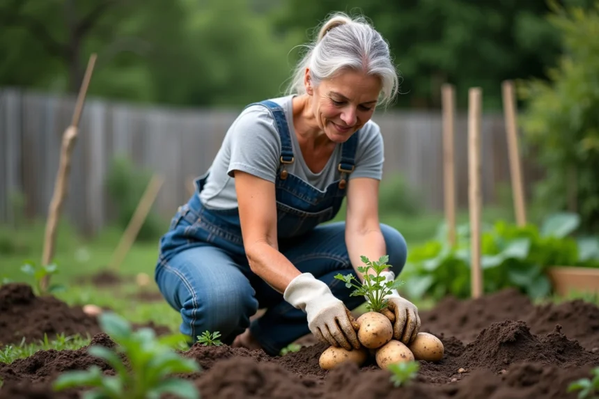 Femme récoltant des pommes de terre du jardin en tirant la plante hors de la terre, avec des tubercules visibles attachés aux racines