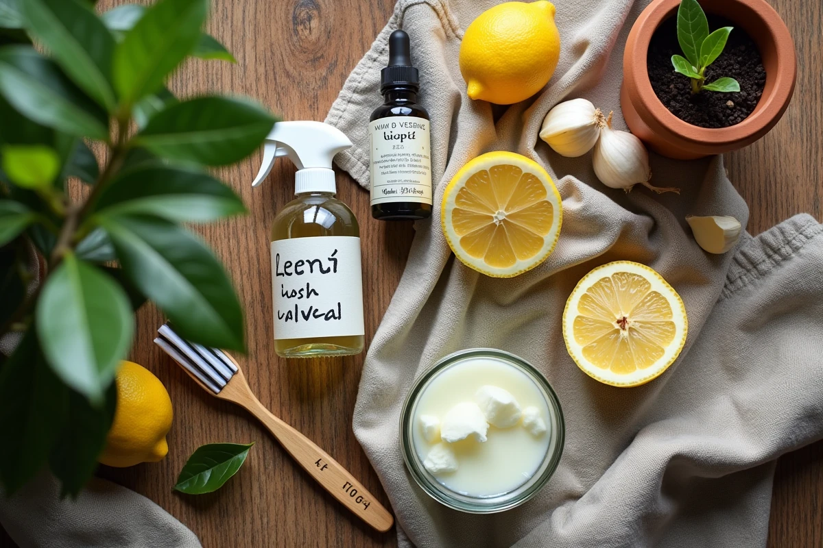 Remèdes naturels pour traiter les cochenilles du citronnier en pot disposés en flat lay : huile de neem, savon noir, ail et brosse douce