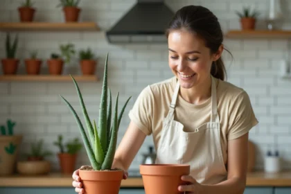 Femme rempotant une plante aloe vera dans un pot en terre cuite sur un établi en bois avec du terreau cactus