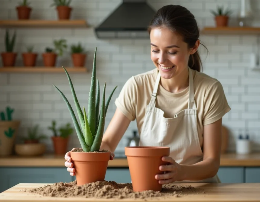 Femme rempotant une plante aloe vera dans un pot en terre cuite sur un établi en bois avec du terreau cactus