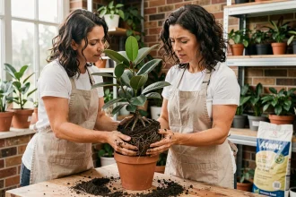 Femme rempotant un ficus benjamina en extrayant la motte de terre de son pot en terre cuite sur un établi en bois