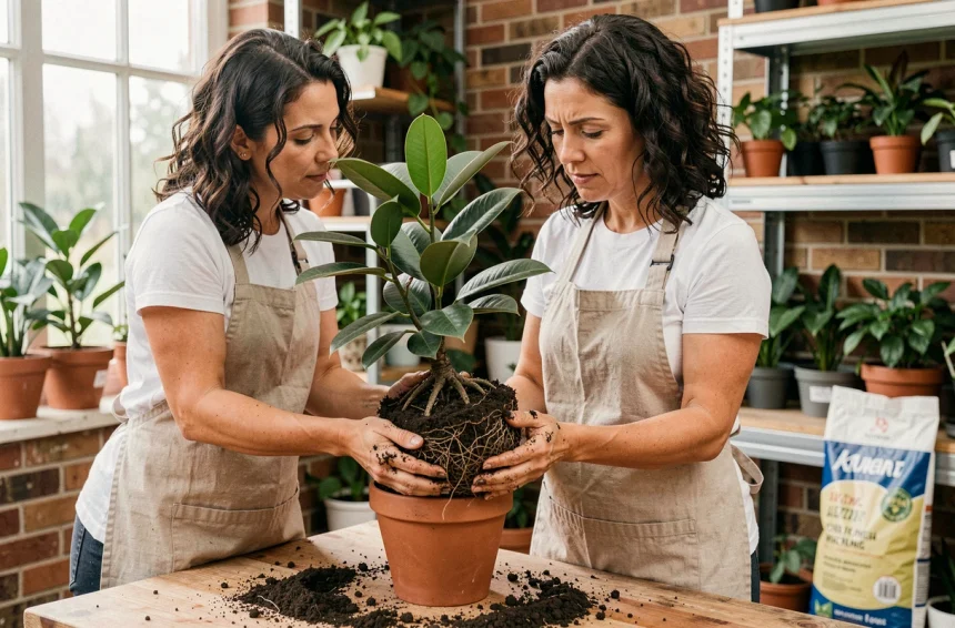 Femme rempotant un ficus benjamina en extrayant la motte de terre de son pot en terre cuite sur un établi en bois