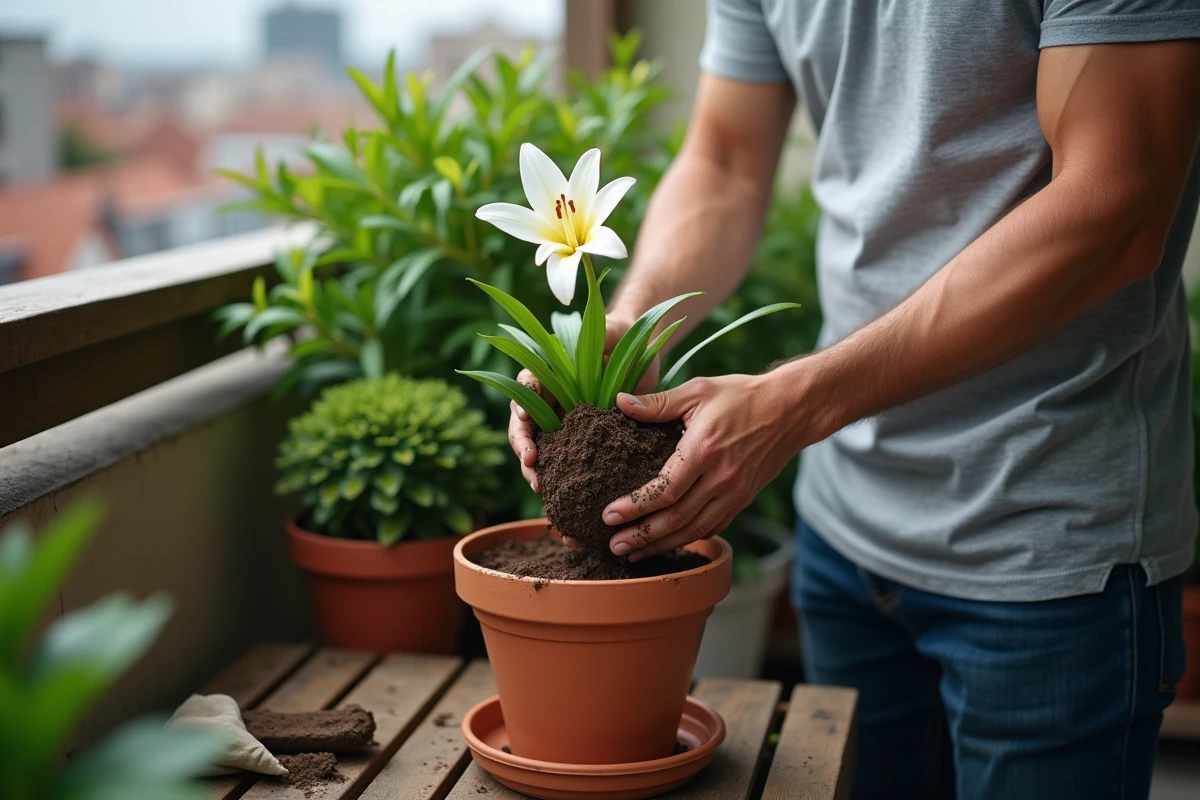 Homme rempotant un lys en pot sur un balcon urbain avec un pot en terre cuite et du terreau visible