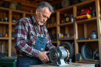 Homme d'âge moyen affûtant une lame de tondeuse dans un garage organisé
