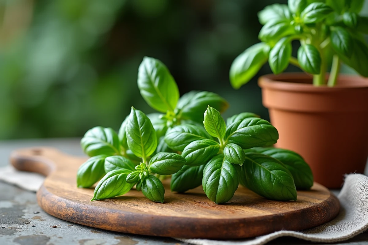 Tiges de basilic fraîchement coupées sur une planche en bois avec de nouvelles pousses visibles sur le plant