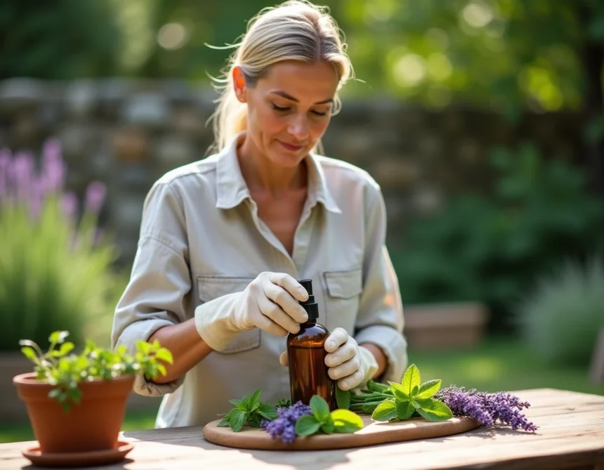 Femme préparant un répulsif anti-taon maison avec des herbes naturelles dans un jardin