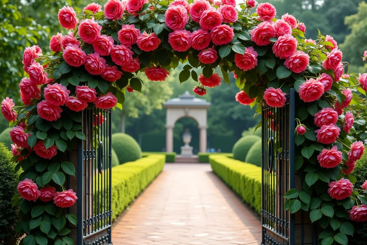 Arche en fer forgé recouverte de roses XXL d'un rosier grimpant en pleine floraison dans un jardin formel