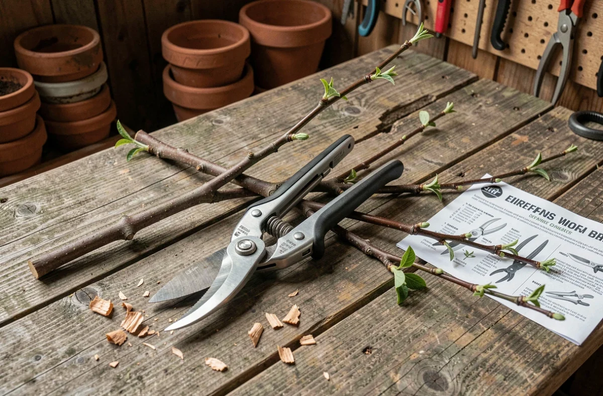 Sécateur de jardin et branches taillées de lilas des Indes posés sur un établi en bois, avec bourgeons verts visibles après coupe