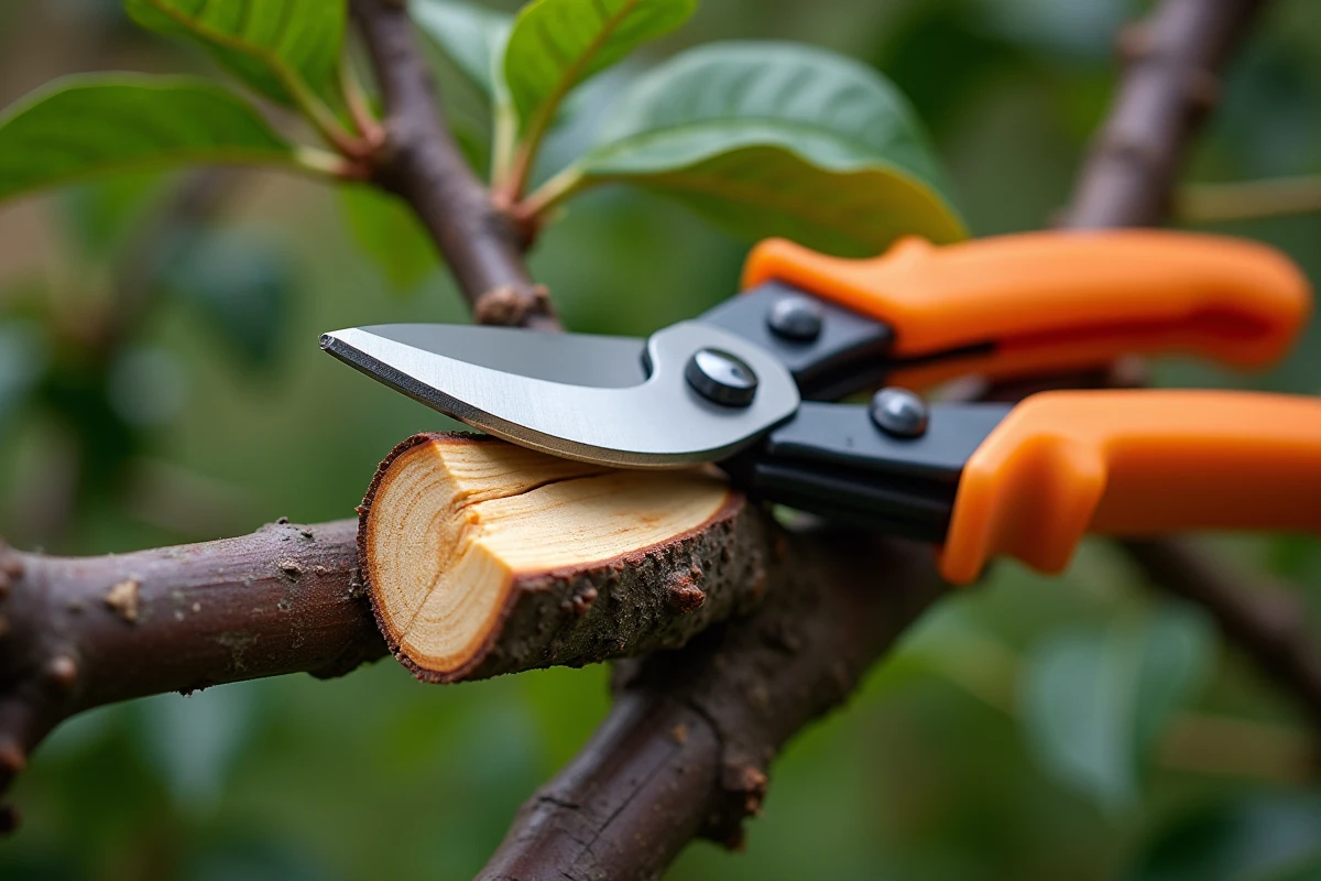 Gros plan d'un sécateur professionnel posé sur une branche de prunier fraîchement taillée montrant le bois et le cambium