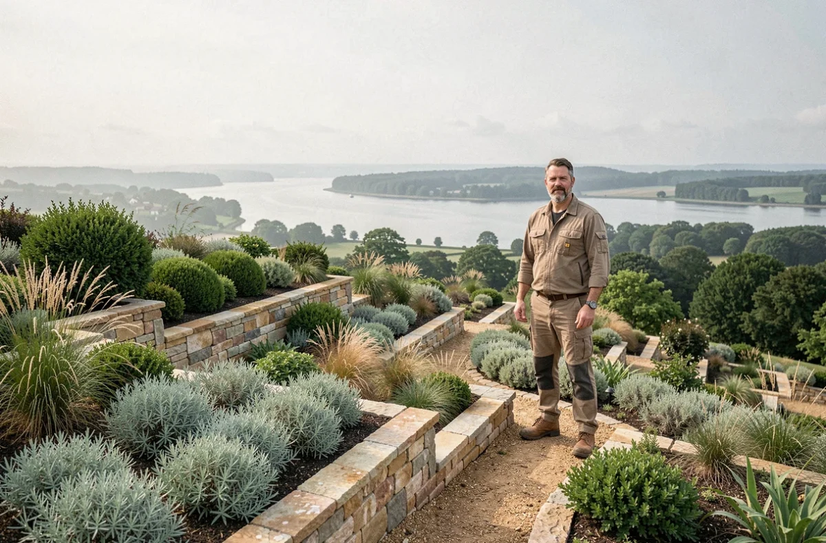 Paysagiste de Sud Loire Paysage sur une terrasse végétalisée avec vue sur l'estuaire de la Loire en arrière-plan