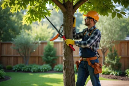 Homme en équipement de sécurité taillant un arbre dans le jardin