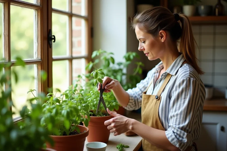 Femme taillant des plants de basilic en pot sur un rebord de fenêtre de cuisine rustique avec des ciseaux de jardinage