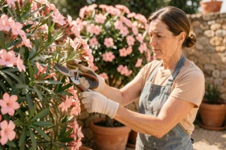 Femme taillant un laurier rose dans un jardin méditerranéen avec un sécateur, arbuste en fleurs roses en arrière-plan