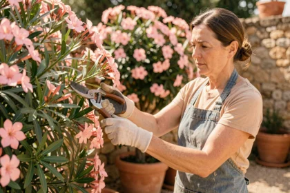 Femme taillant un laurier rose dans un jardin méditerranéen avec un sécateur, arbuste en fleurs roses en arrière-plan