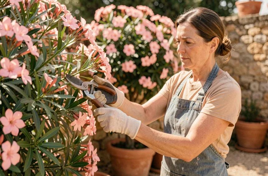 Femme taillant un laurier rose dans un jardin méditerranéen avec un sécateur, arbuste en fleurs roses en arrière-plan