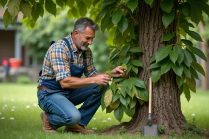 Jardinier inspectant un arbre mulberry malade