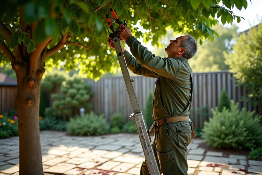 Homme taillant un mûrier en été au-dessus d'une terrasse en pierre tachée par les fruits mûrs